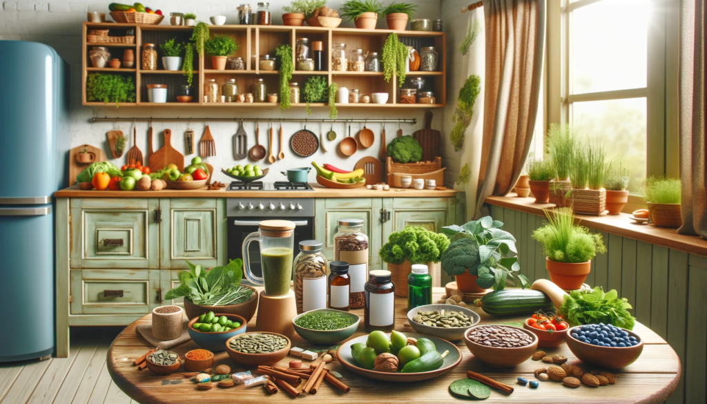 Natural Solutions To Reverse Diabetes The scene includes a kitchen with healthy foods, herbal sup