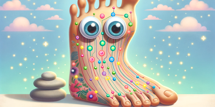 DALL·E 2023-12-12 21.13.32 - A horizontal, whimsical illustration showing a human foot with googly eyes on the top side, associated with foot acupressure for eye health. The foot